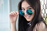 Portrait Of Thai Teen Glasses Beautiful Girl Relax And Smile Stock Photo