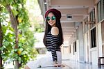 Portrait Of Thai Teen Glasses Beautiful Girl Relax And Smile Stock Photo