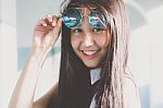 Portrait Of Thai Teen Glasses Beautiful Girl Relax And Smile Stock Photo