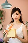 Portrait Of Thai Women Adult Beautiful Girl Hold Gift Box In Hands Stock Photo