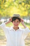 Portrait Of Young Beautiful Asian Woman Wearing Fashion Straw Ha Stock Photo