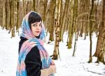 Portrait Of Young Beautiful Woman Walking In The Woods Stock Photo