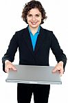 Pretty Businesswoman Presenting A Laptop Stock Photo