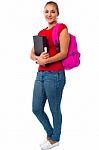 Pretty College Student Carrying Pink Backpack Stock Photo