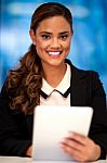 Pretty Corporate Lady Holding Tablet Pc Stock Photo