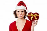 Pretty Female Holding Wrapped Gift Box Stock Photo