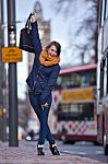 Pretty Girl Walking On The Road Stock Photo