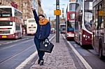 Pretty Girl Walking On The Road Stock Photo