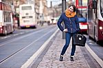 Pretty Girl Walking On The Road Stock Photo