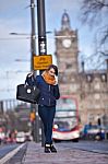 Pretty Girl Walking On The Road Stock Photo