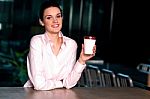 Pretty Lady Enjoying Chilled Liquid At Refreshment Stock Photo