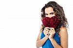 Pretty Woman  Holding Heart Shape Gift Box Stock Photo