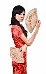 Pretty Women With Chinese Traditional Dress Cheongsam And Hole C Stock Photo