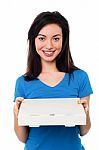 Pretty Young Girl Holding Pizza Box Stock Photo