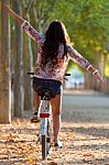 Pretty Young Girl Riding Bike In A Forest Stock Photo