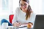 Pretty Young Woman Working In Her Office Stock Photo