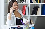 Pretty Young Woman Working With Laptop In Her Office Stock Photo