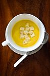 Pumpkin Soup With Bread Stock Photo