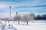 Railway Station In Winter. Snow-covered Urban Scene Stock Photo