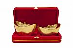 Red Velvet Box And Chinese Gold Stock Photo