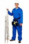 Repairman Holding Step Ladder Stock Photo