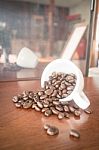 Roast Coffee Bean In White Mug Stock Photo