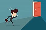 Running Businessman And Open Door Stock Photo