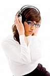 Sadness young lady listening music Stock Photo