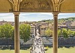 Saint Angel Bridge Over The River Tiber With Tourists Stock Photo