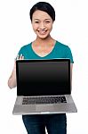 Salesgirl Presenting Brand New Laptop For Sale Stock Photo