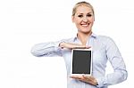 Saleswoman Presenting Touch Pad Device Stock Photo