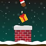 Santa Claus Put Gift Box Into Chimney Stock Photo