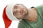 Santa Hat Man Looking Upward Stock Photo