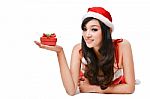 Santa Woman  Holding A Gift Box Stock Photo