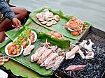 Seafood On Charcoal Grilled Stock Photo