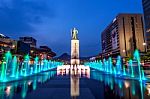 Seoul, South Korea - April 30, 2016:beautifully Color Water Fountain At Gwanghwamun Plaza With The Statue Of The Admiral Yi Sun-sin In Downtown.photo Taken On April 30,2016 In Seoul,south Korea Stock Photo