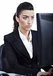 Serious Business Woman Working In Computer Stock Photo