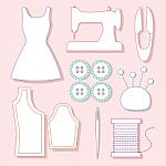 Set Of Sewing Tools Symbol On Pink Background Stock Photo