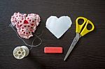 Sewing Kit On Wooden Background Stock Photo