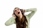 Shouting Lady Listening Music Stock Photo