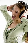 Shouting Lady Listening Music Stock Photo