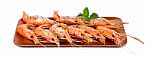 Shrimps With Mint Leaves On The Wooden Board Stock Photo