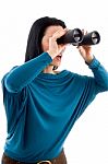 Side Pose Of Female Looking Through Binocular On White Background Stock Photo