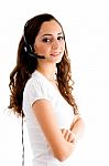 Side Pose Of Female With Headphone Stock Photo