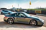 Side View Of Porsche Sports Car At Thruxton Racing Circuit Stock Photo