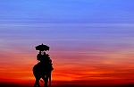 Silhouette Elephant With Tourist At Sunset Stock Photo