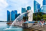 Singapore - Aug 8 ,2017 : Merlion Statue And Cityscape In Singapore Stock Photo