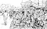 Sketch Of Cityscape Show Flower Market On Street In Thai Stock Photo