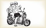 Sketch Of Touring Motorbike In City, Look A Map On Mobile Phone, Stock Photo