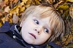 Small Blond Boy With Blue Eyes Lays On Bed Of Autumn Fallen Leav Stock Photo